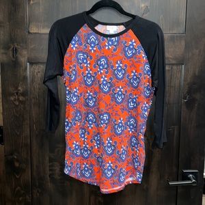 LuLaRoe Randy 3/4 Sleeve Top Black, Blue, Red, White Pattern Size M EUC